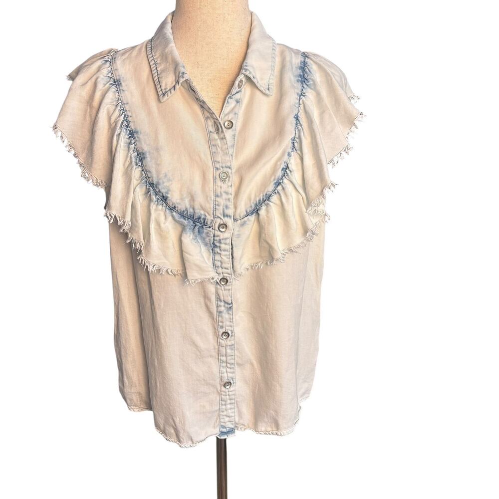 LIVERPOOL Women's Size M Washed Out Denim-look Blouse Slvls Ruffled Frayed EUC